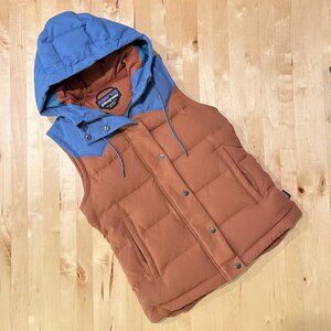 LNEW Patagonia Bivy Hooded Down 600 Fill Vest XS Western Puffer Sisu Brown Blue